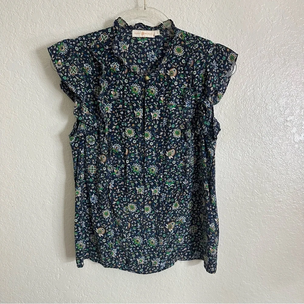 Tory Burch Printed Ruffle Shell Top size 4